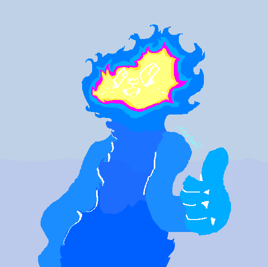 a sort of anthropomorphic blue flame creature. it's face is yellow with a purple outline, amd it's features are white. It's giving you a thumbs-up!